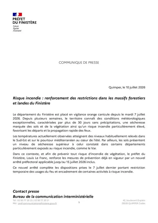 Image du document 2026.07.10 CP Restrictions temporaires des usages du feu dans 42 communes du Finistère