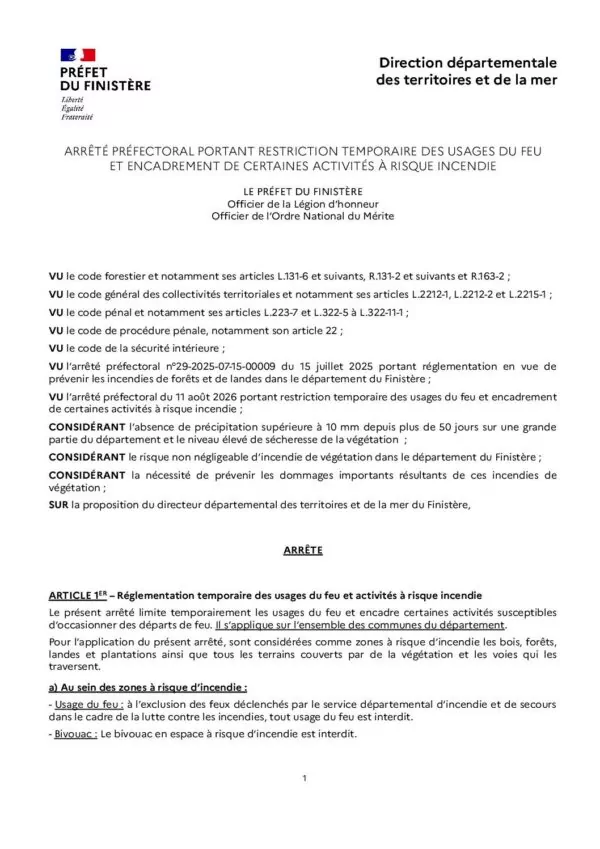 Image du document RAA Arrêté préfectoral portant réglementation des usages du feu 17 08 2026