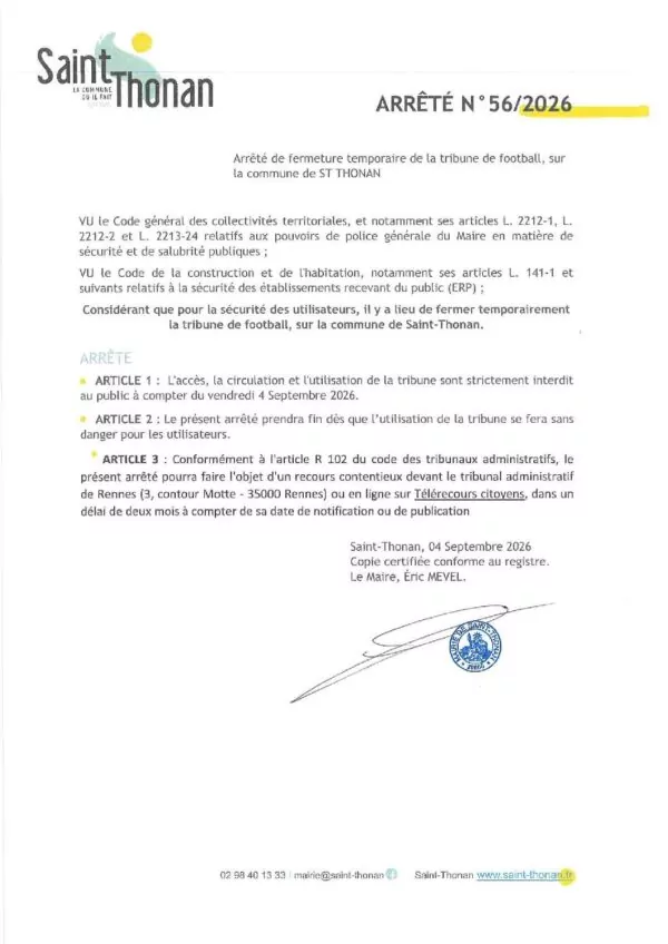 Image du document Arrêté 56-2026 Fermeture tribunes foot